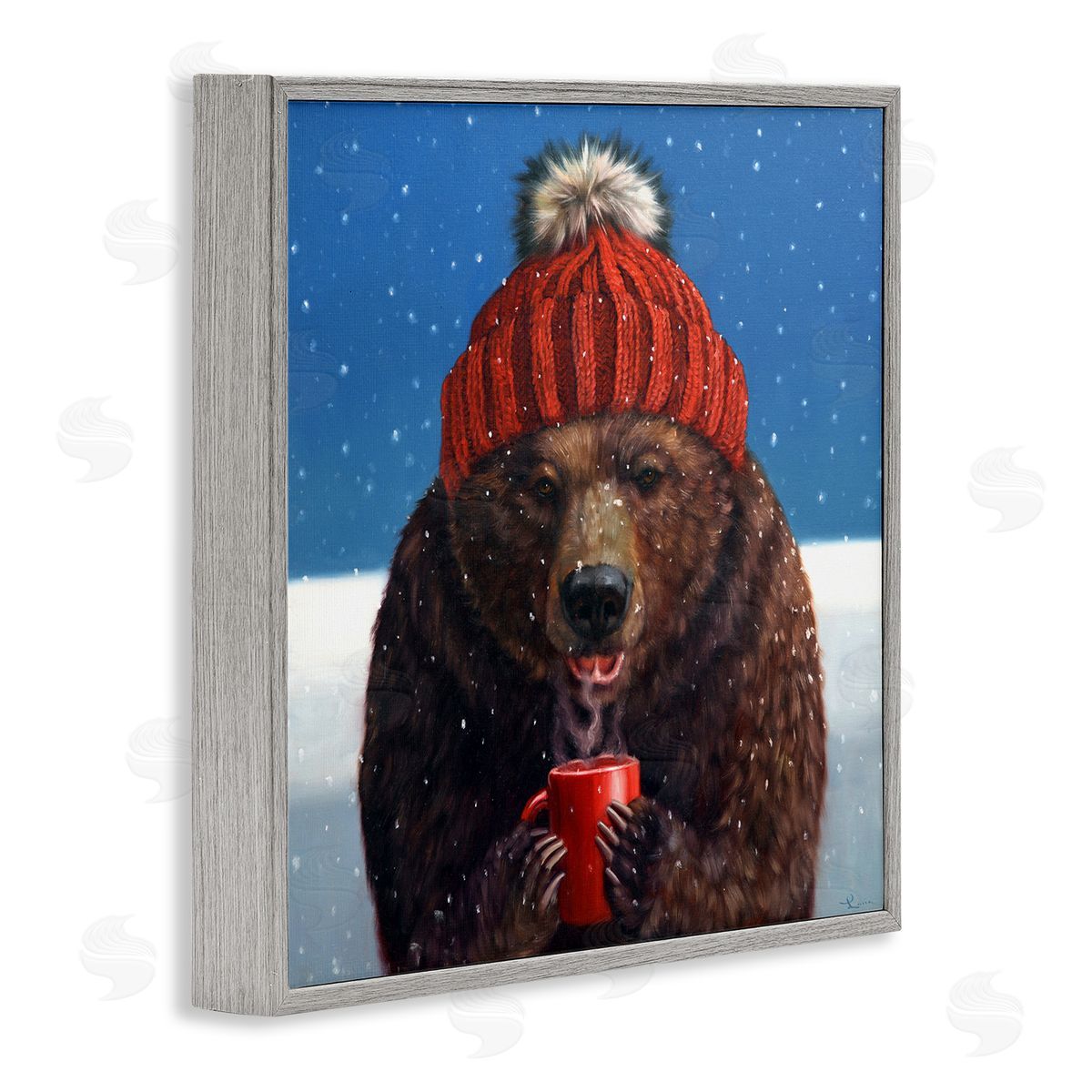 Lucia Heffernan Chilly Bear Hot Chocolate Snowfall Gray Framed Glicee Wall Art Print