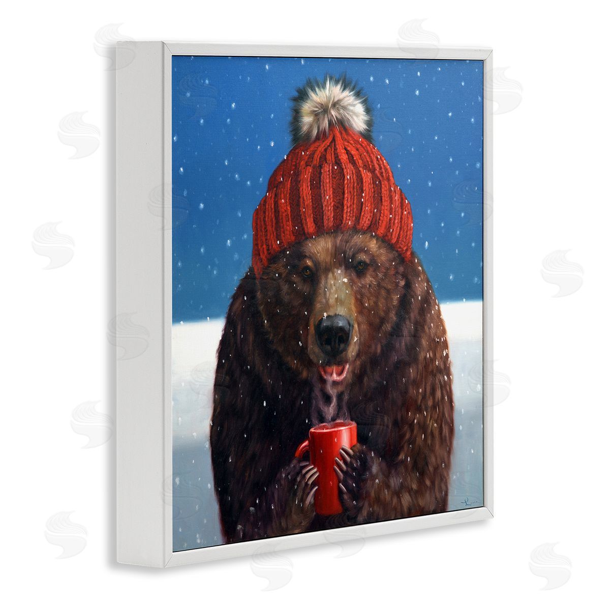 Lucia Heffernan Chilly Bear Hot Chocolate Snowfall White Framed Glicee Wall Art Print