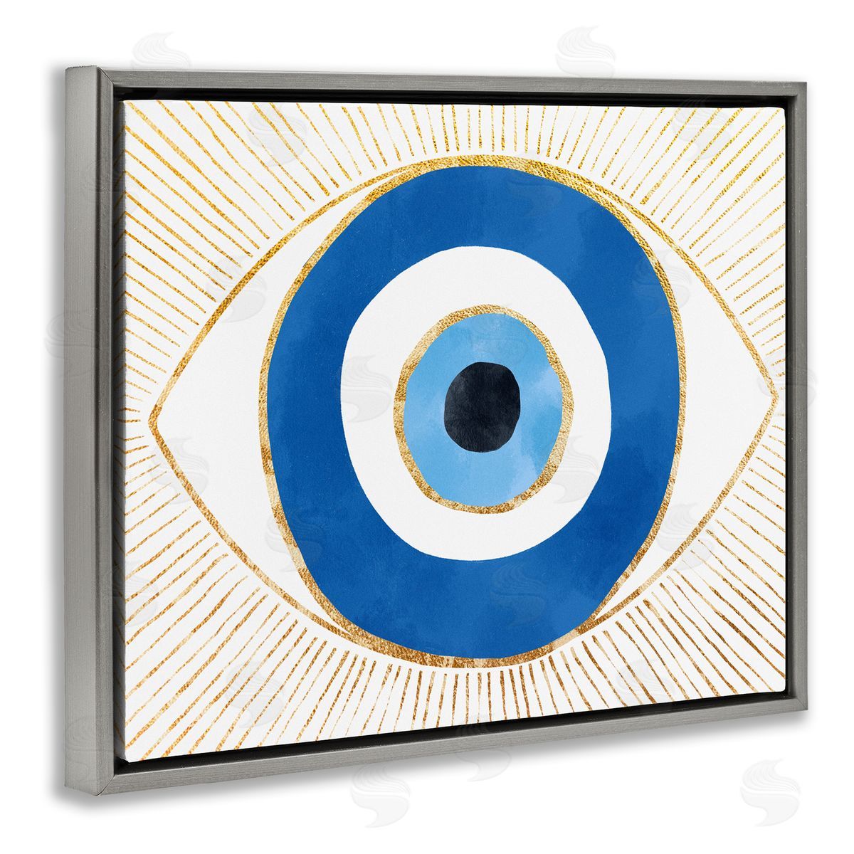 Evil Eye Shape Striped Mati Symbol Grey Floating Frame Canvas Wall Art, Home Decor by Ziwei Li