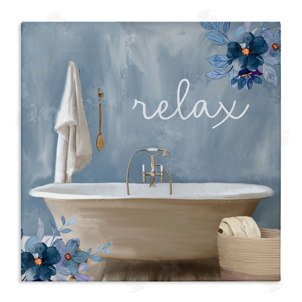Blue Floral Relax Bathroom Scene Canvas Wall Art, Home Decor by Kim Allen