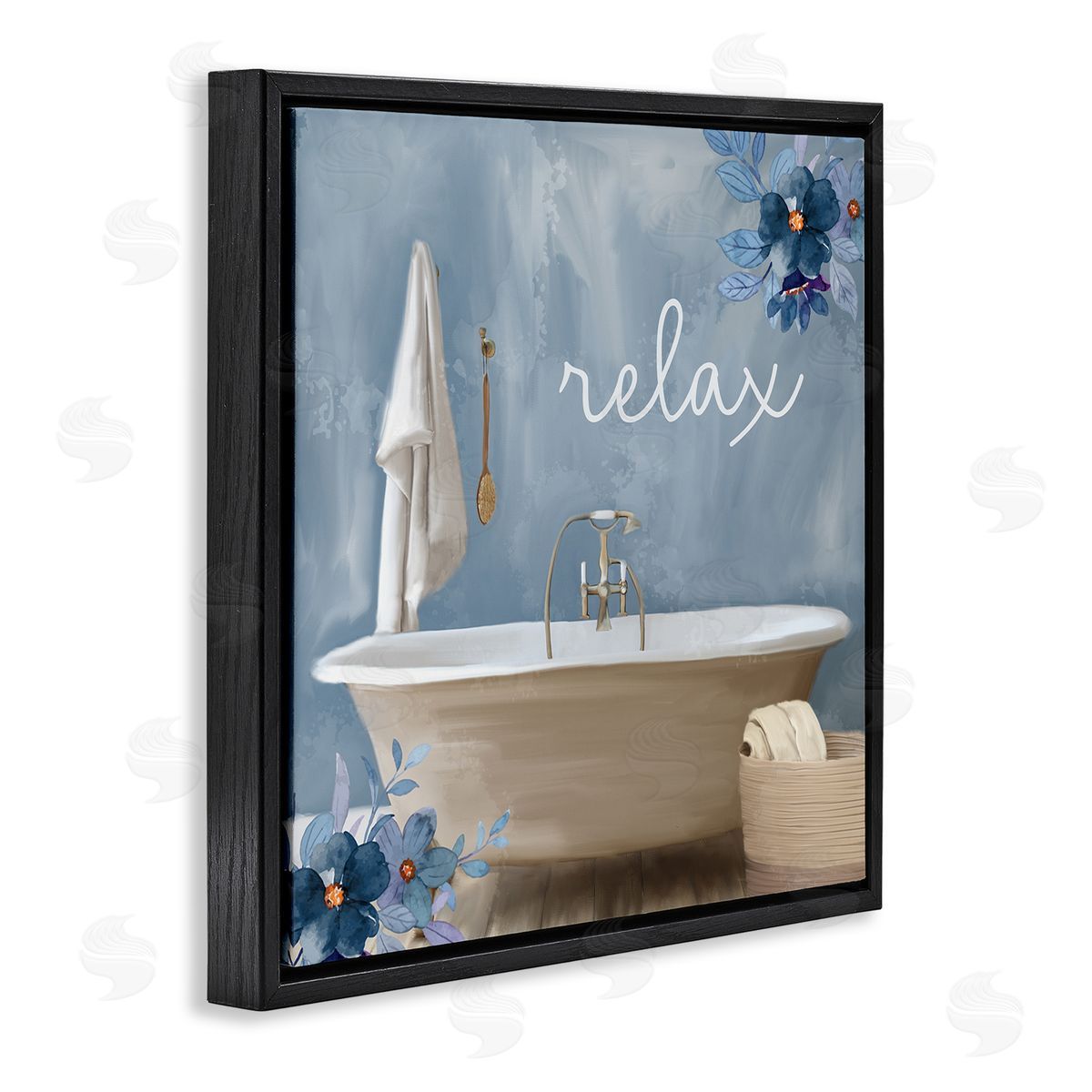 Blue Floral Relax Bathroom Scene Black Floating Frame Canvas Wall Art, Home Decor by Kim Allen