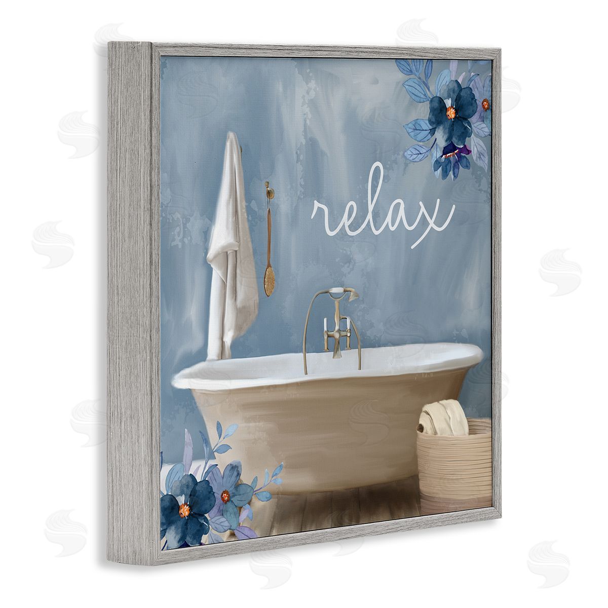 Blue Floral Relax Bathroom Scene Grey Frame Print Wall Art, Home Decor by Kim Allen