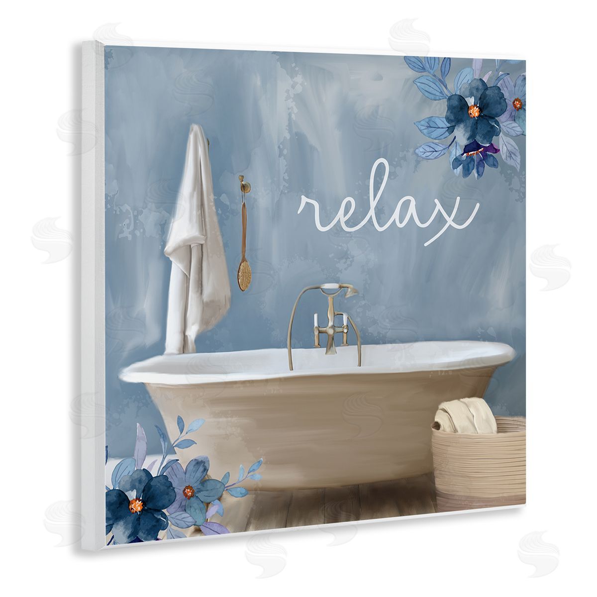 Blue Floral Relax Bathroom Scene Wood Plaque Wall Art, Home Decor by Kim Allen