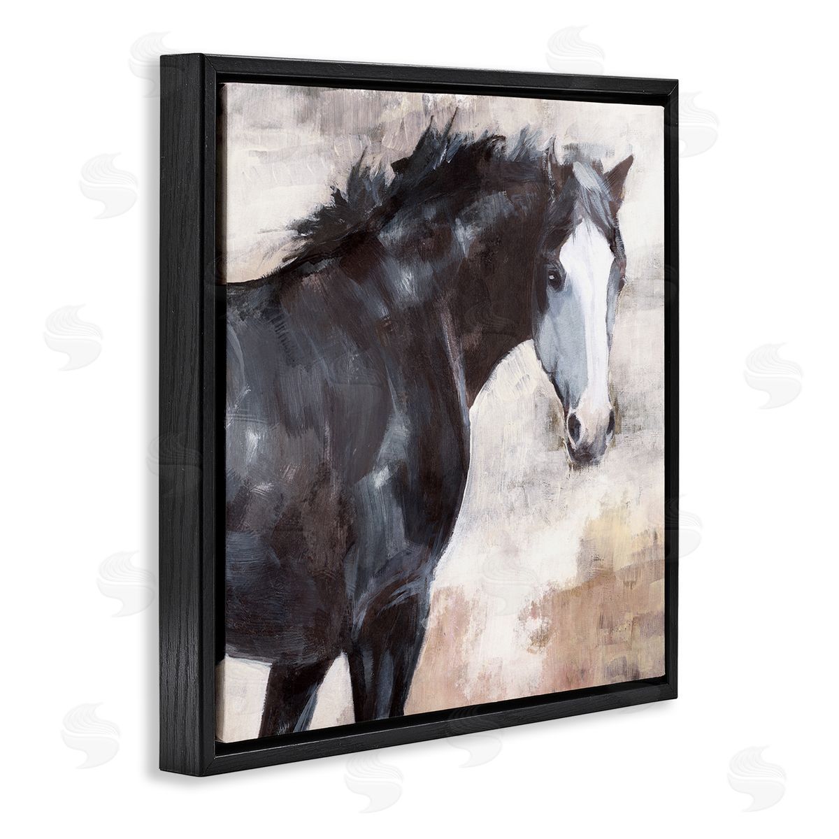 Nina Blue Breezy Country Stallion Horse Painting Black Floating Frame Canvas Wall Art Print