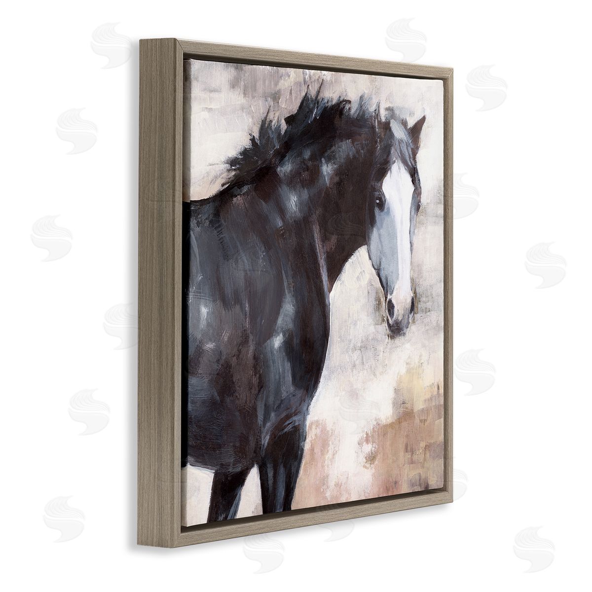 Nina Blue Breezy Country Stallion Horse Painting Brown Floating Frame Canvas Wall Art Print