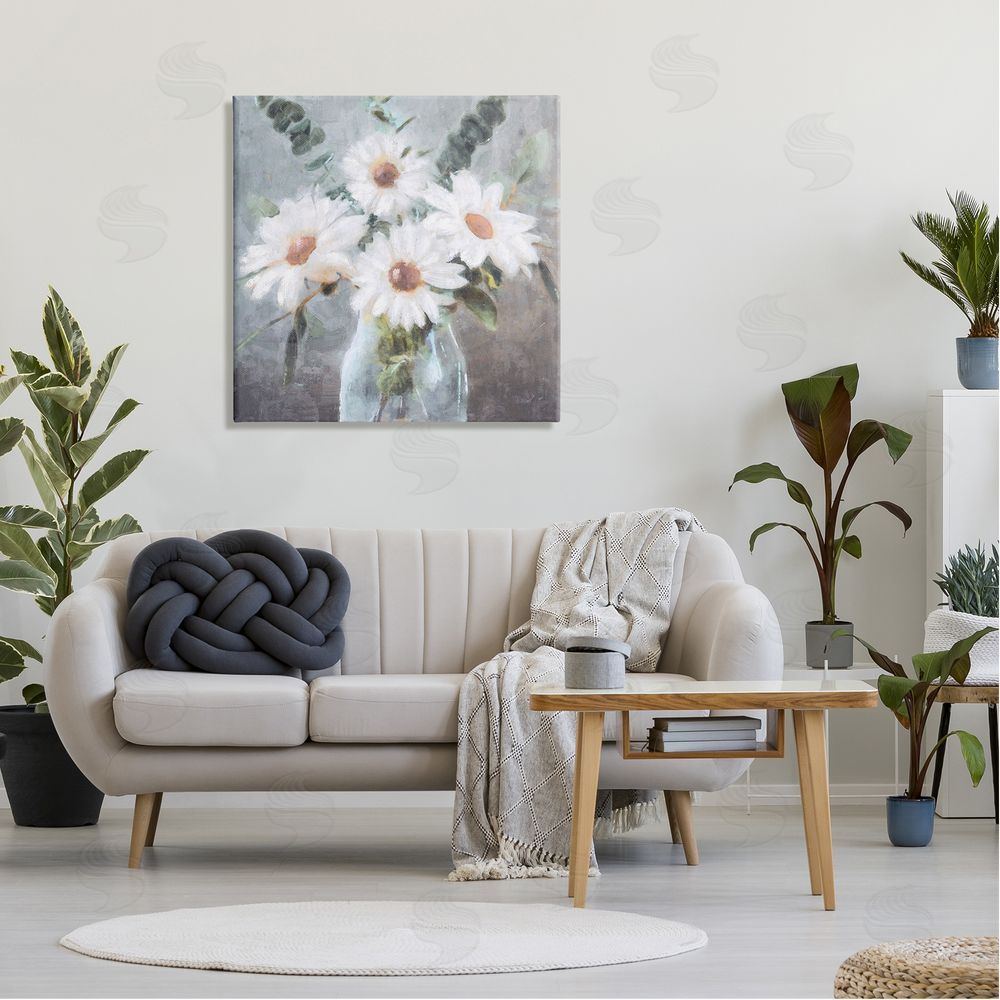 Nina Blue Traditional Mixed Daisies Arrangement Canvas Wall Art in Room