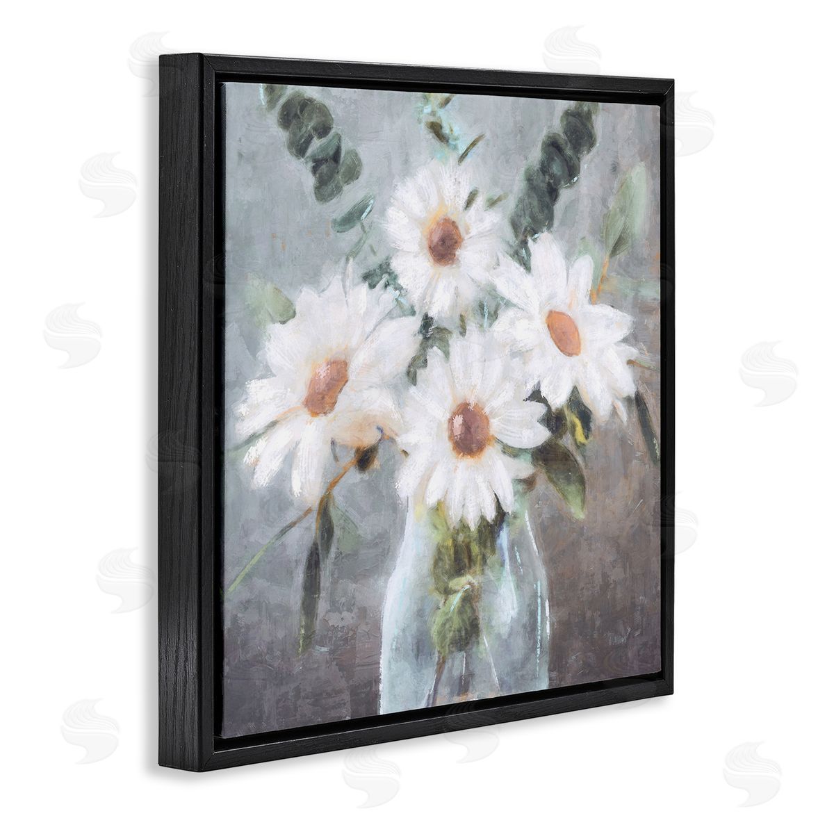 Nina Blue Traditional Mixed Daisies Arrangement Black Floating Frame Canvas Wall Art Print