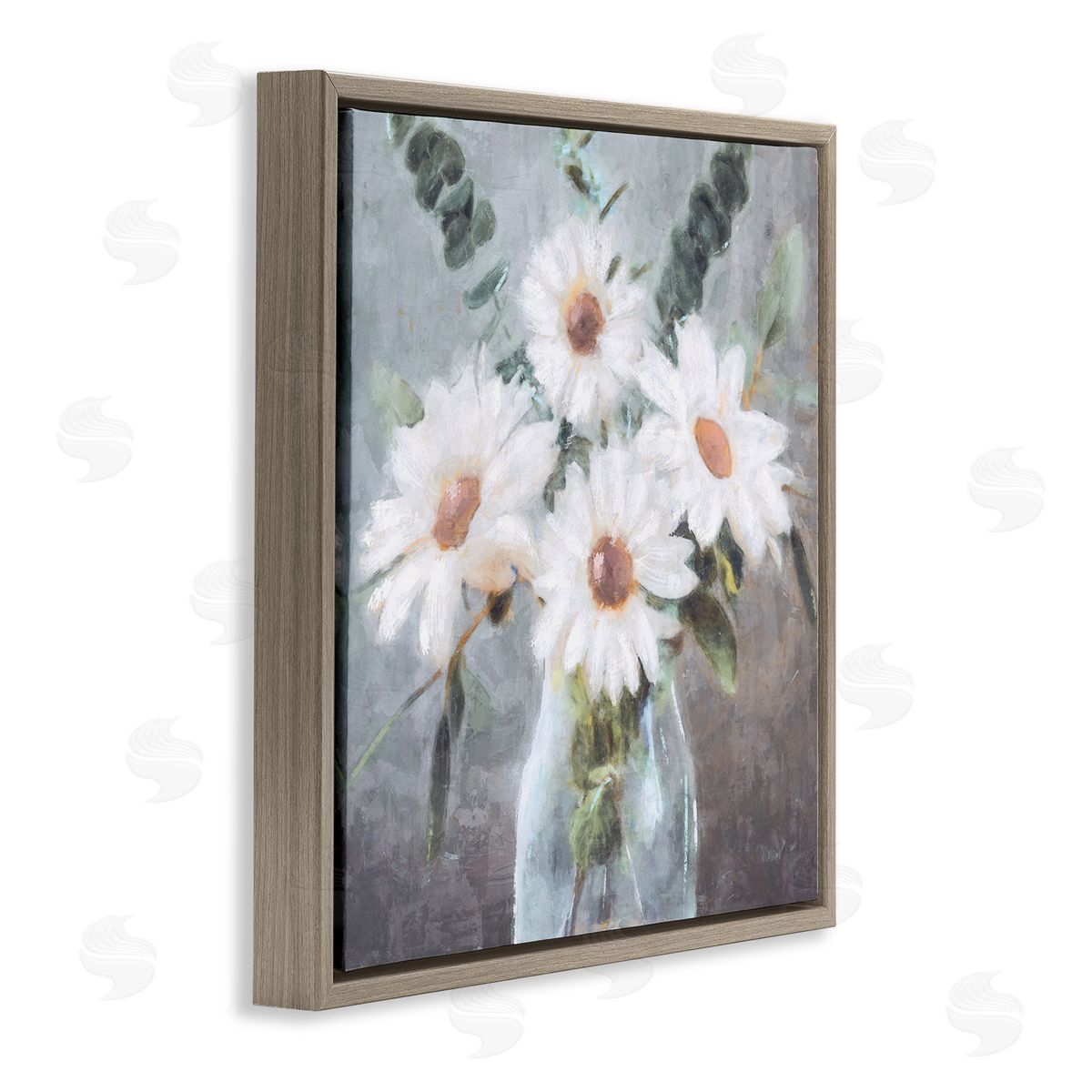 Nina Blue Traditional Mixed Daisies Arrangement Brown Floating Frame Canvas Wall Art Print