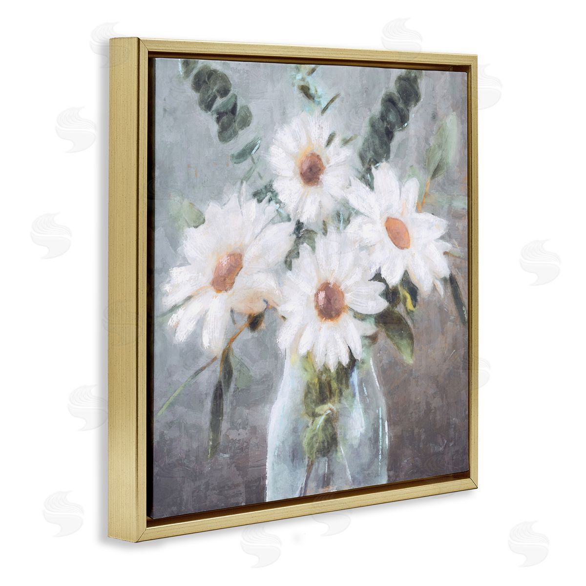 Nina Blue Traditional Mixed Daisies Arrangement Gold Floating Frame Canvas Wall Art Print