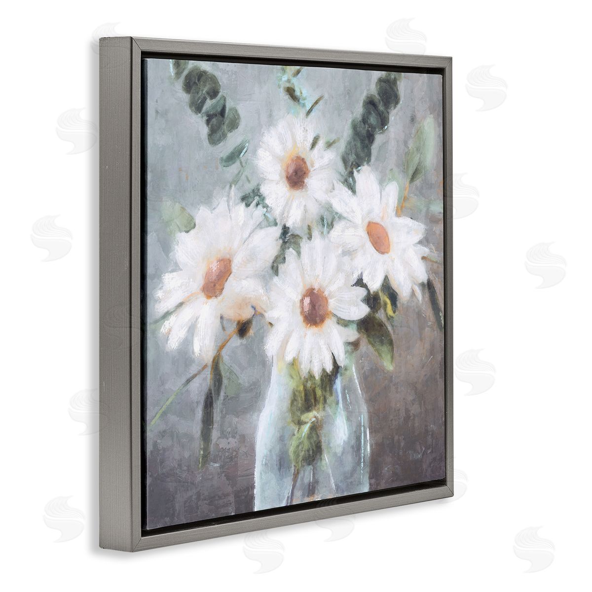 Nina Blue Traditional Mixed Daisies Arrangement Gray Floating Frame Canvas Wall Art Print