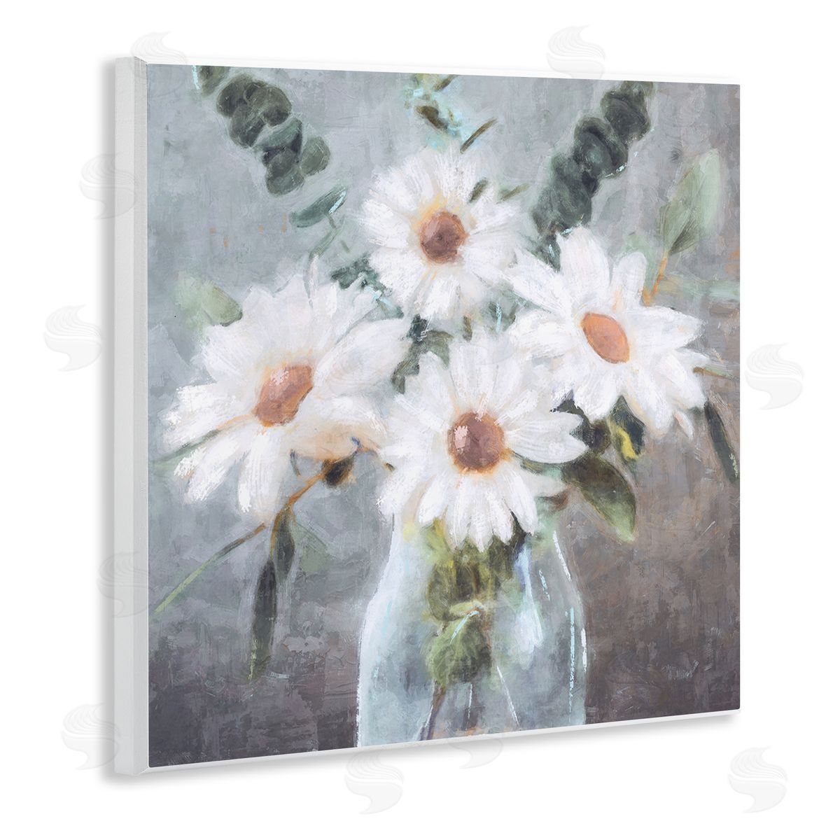 Nina Blue Traditional Mixed Daisies Arrangement Wooden Wall Plaque Art Print