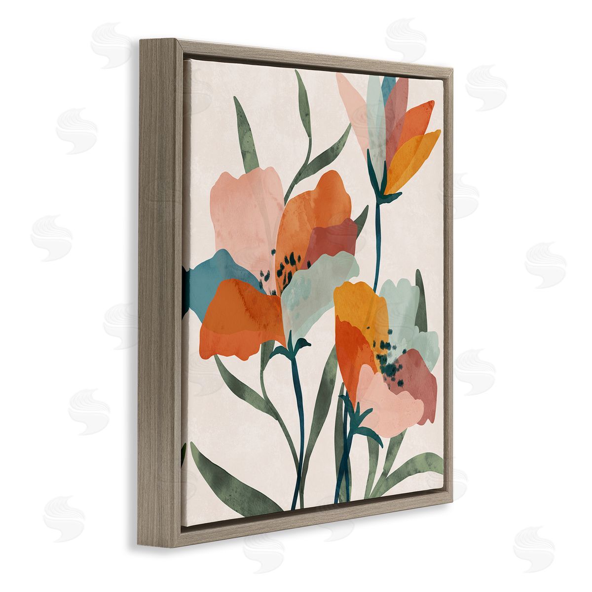 Nina Blue Contemporary Flower Petals Brown Floating Frame Canvas Wall Art Print