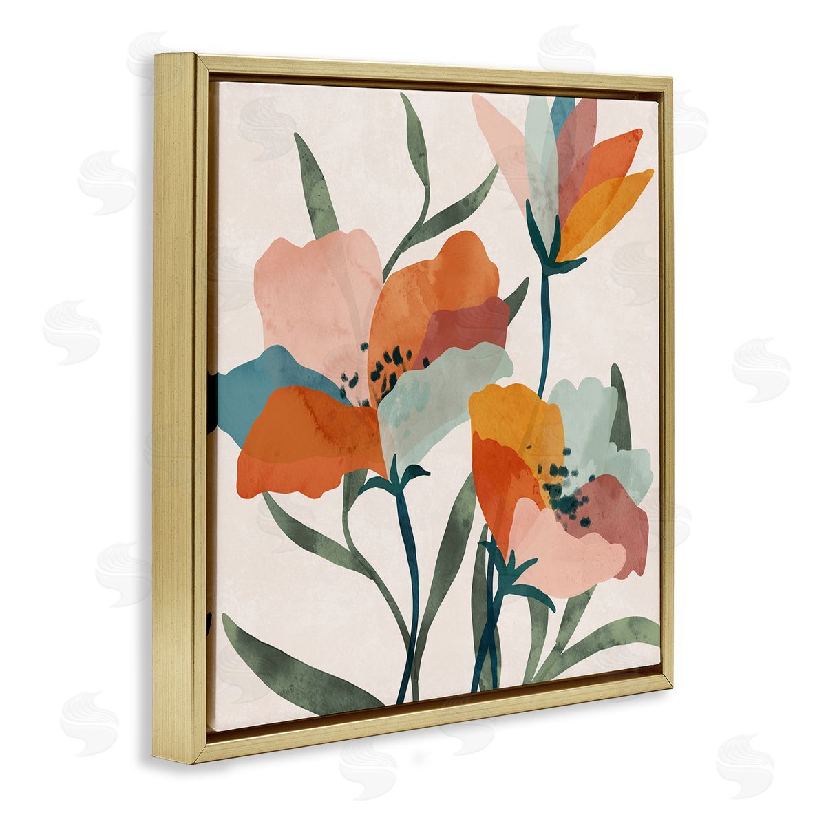 Nina Blue Contemporary Flower Petals Gold Floating Frame Canvas Wall Art Print