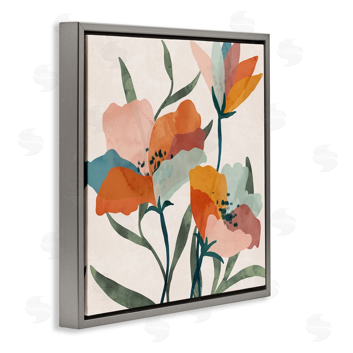 Nina Blue Contemporary Flower Petals Gray Floating Frame Canvas Wall Art Print