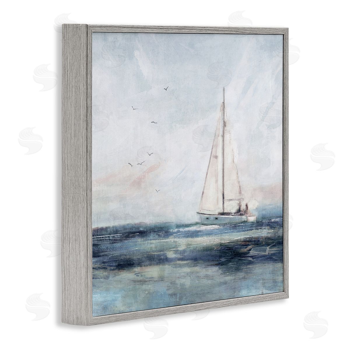 Nina Blue Nautical Sailboat Soaring Ocean Birds Gray Framed Glicee Wall Art Print