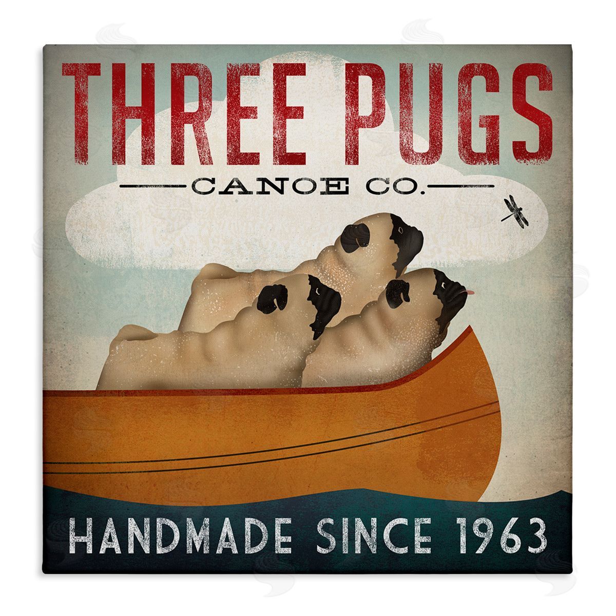 Vintage Three Pugs in Canoe Canvas Wall Art, Home Decor by Ryan Fowler