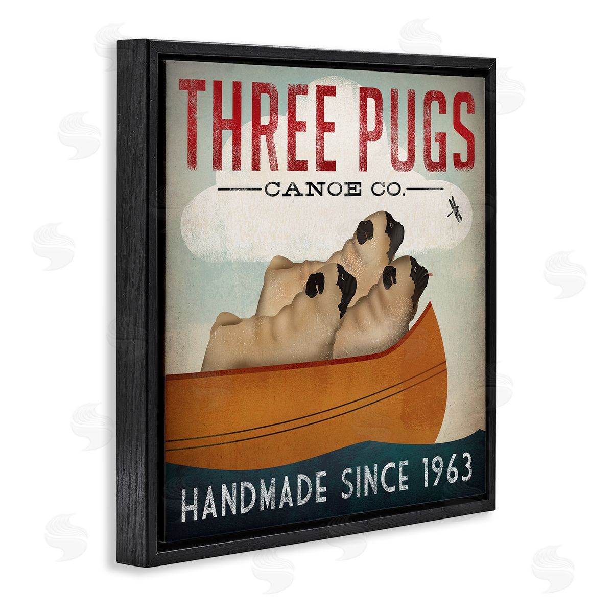 Vintage Three Pugs in Canoe Black Floating Frame Canvas Wall Art, Home Decor by Ryan Fowler