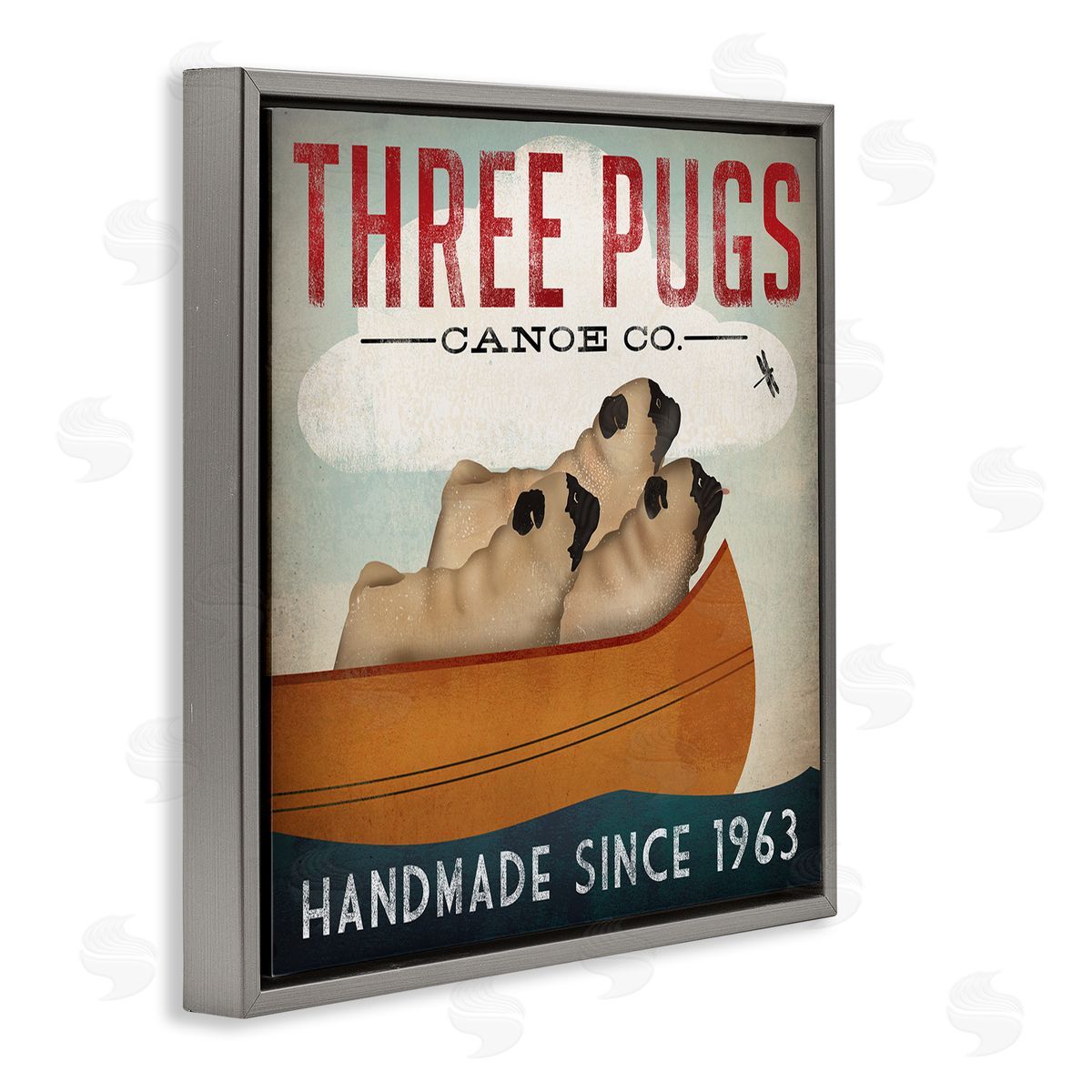 Vintage Three Pugs in Canoe Grey Floating Frame Canvas Wall Art, Home Decor by Ryan Fowler