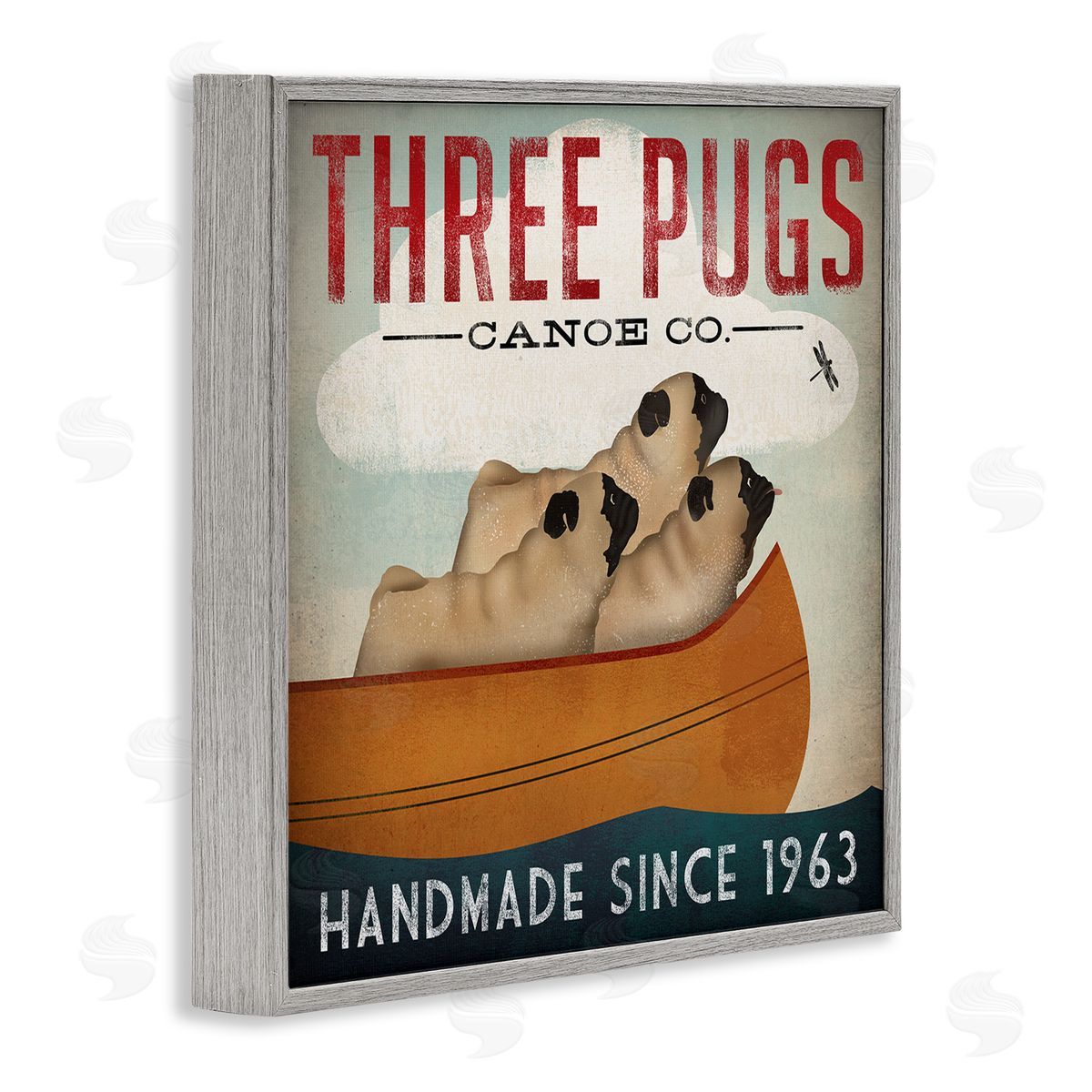 Vintage Three Pugs in Canoe Grey Frame Print Wall Art, Home Decor by Ryan Fowler
