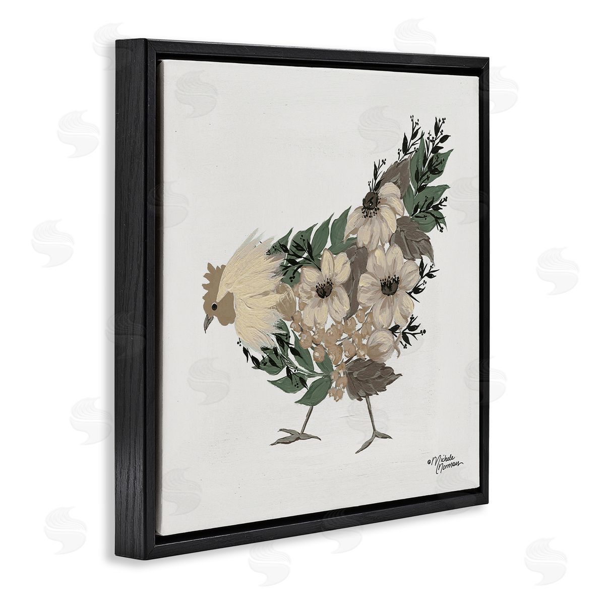 Michele Norman Floral Chicken Farm Arrangement Black Floating Frame Canvas Wall Art Print