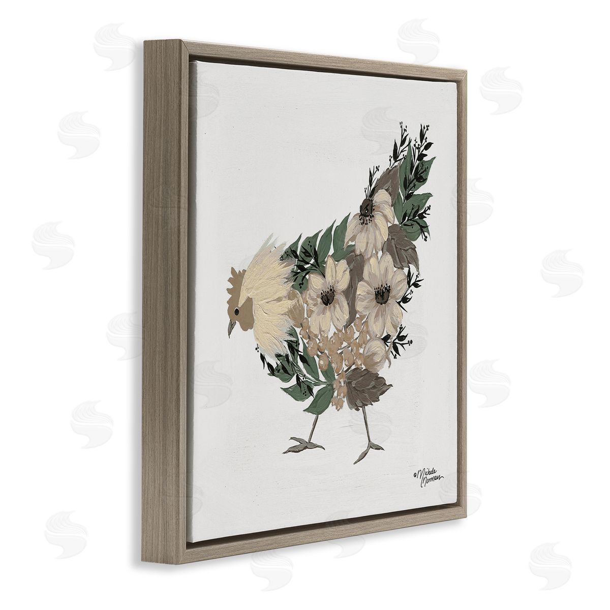 Michele Norman Floral Chicken Farm Arrangement Brown Floating Frame Canvas Wall Art Print