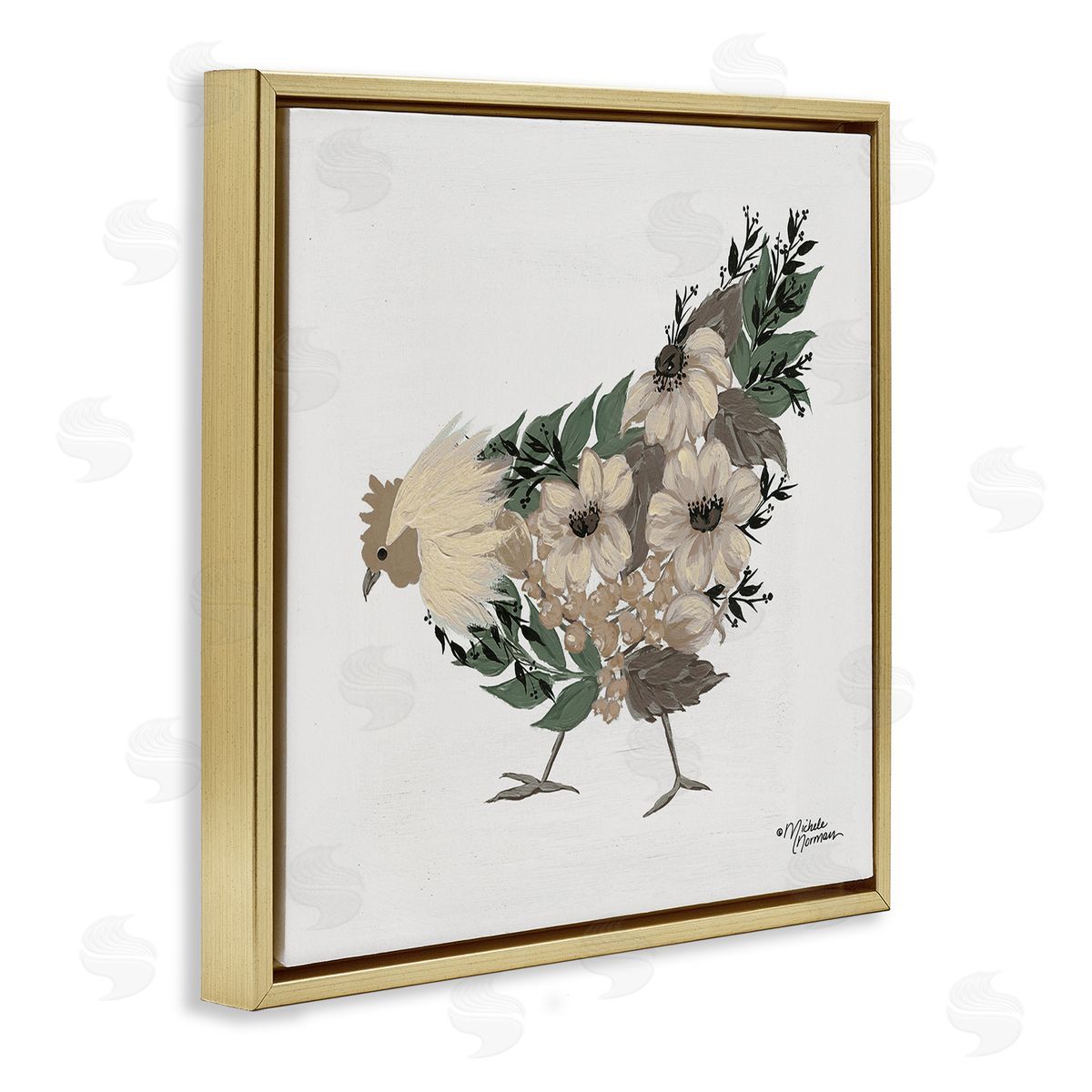 Michele Norman Floral Chicken Farm Arrangement Gold Floating Frame Canvas Wall Art Print