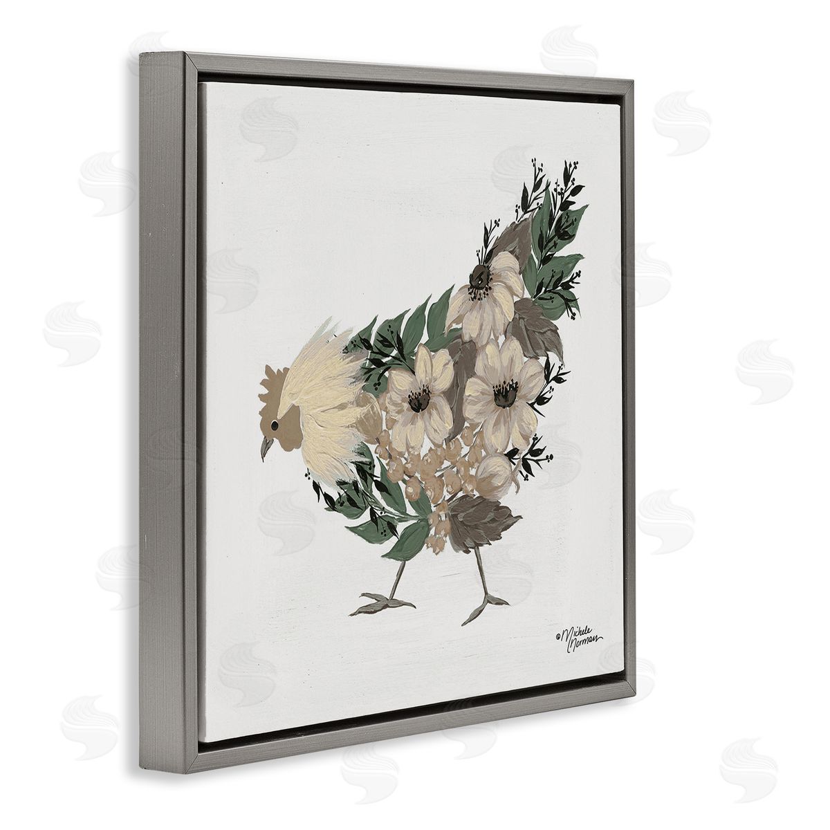 Michele Norman Floral Chicken Farm Arrangement Gray Floating Frame Canvas Wall Art Print