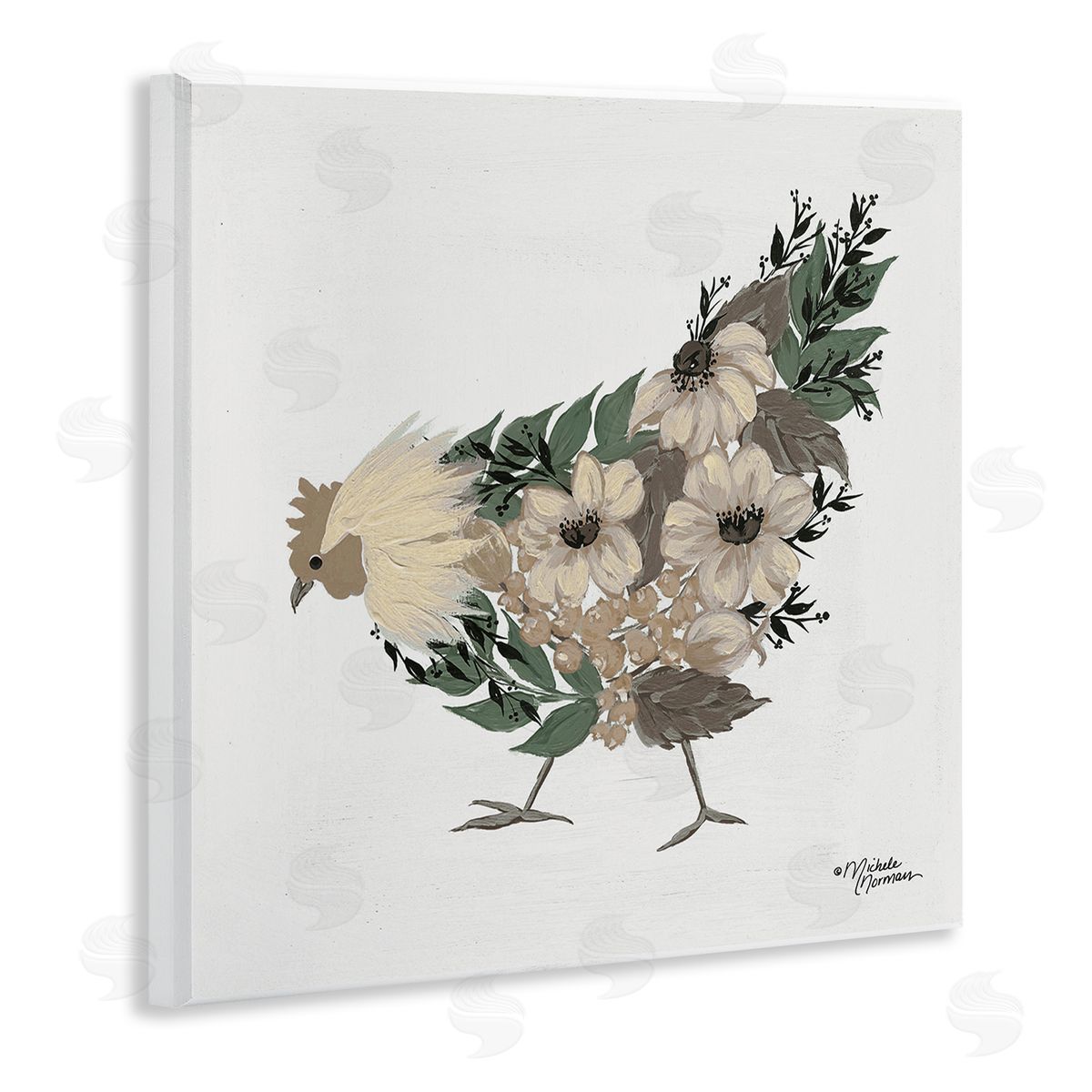 Michele Norman Floral Chicken Farm Arrangement Wooden Wall Plaque Art Print