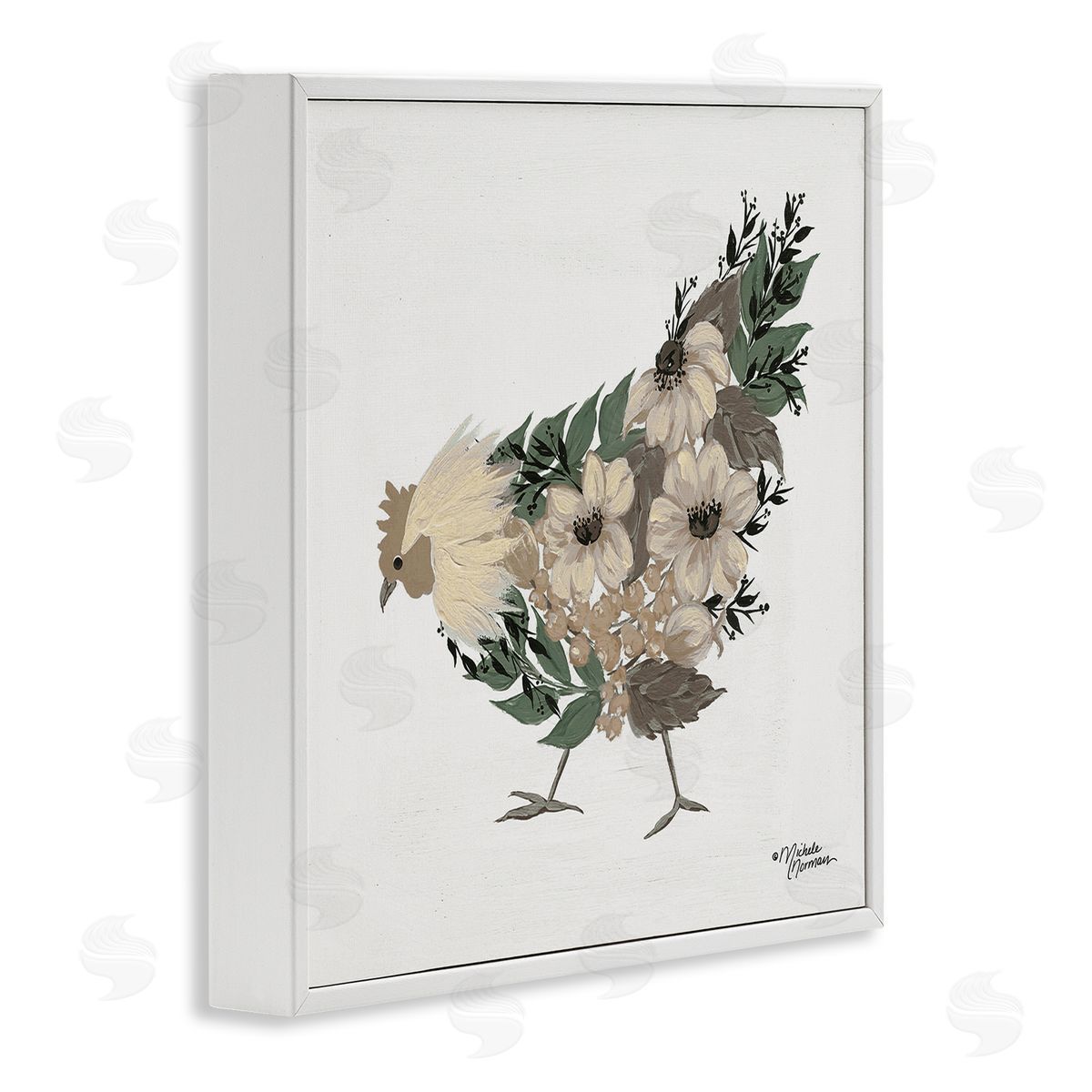 Michele Norman Floral Chicken Farm Arrangement White Framed Glicee Wall Art Print