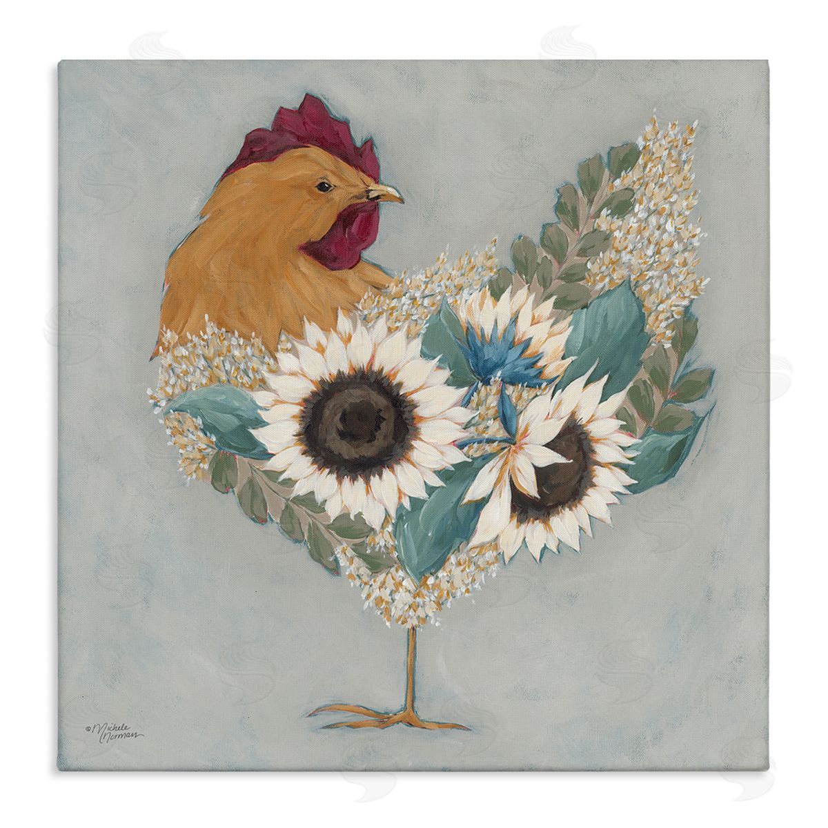 Rooster with Layered Floral Blossoms Canvas Wall Art, Home Decor by Michele Norman
