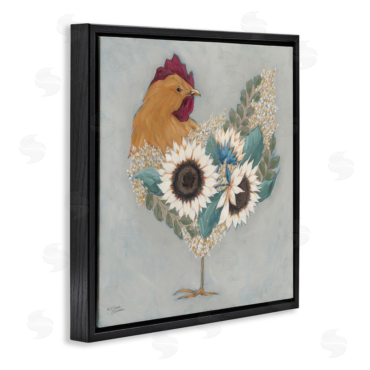 Rooster with Layered Floral Blossoms Black Floating Frame Canvas Wall Art, Home Decor by Michele Norman