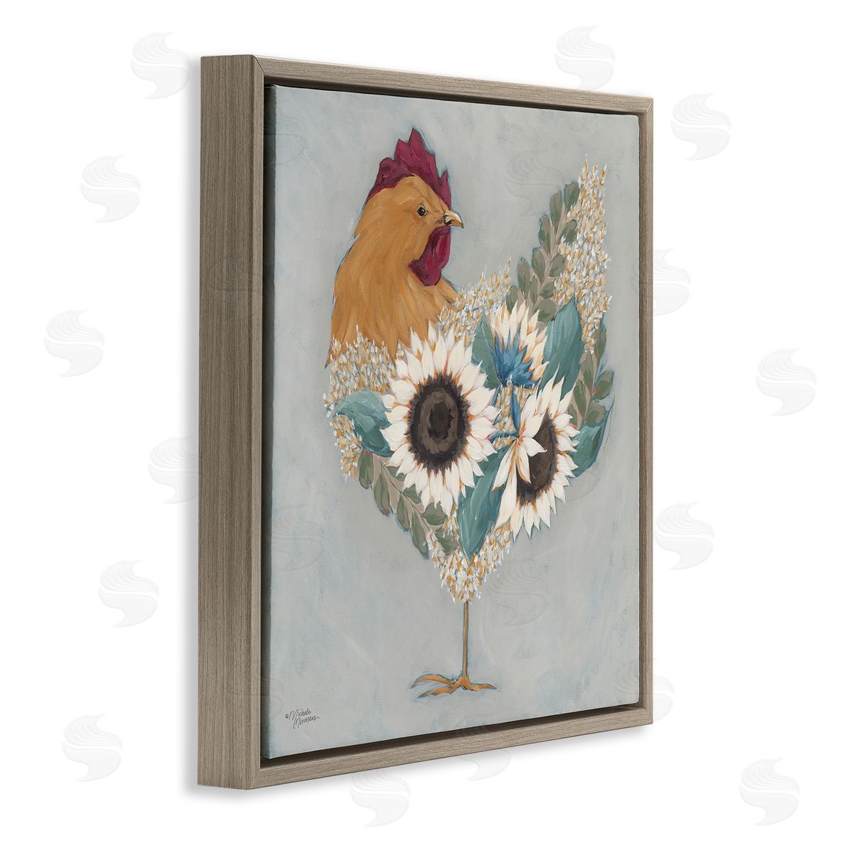 Rooster with Layered Floral Blossoms Brown Floating Frame Canvas Wall Art, Home Decor by Michele Norman