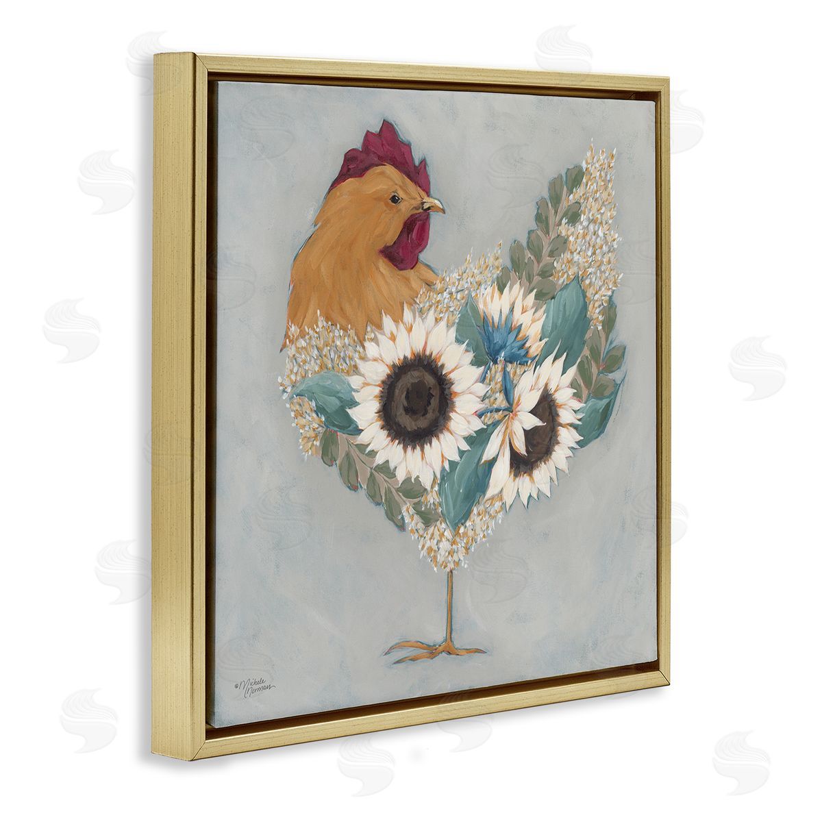 Rooster with Layered Floral Blossoms Gold Floating Frame Canvas Wall Art, Home Decor by Michele Norman