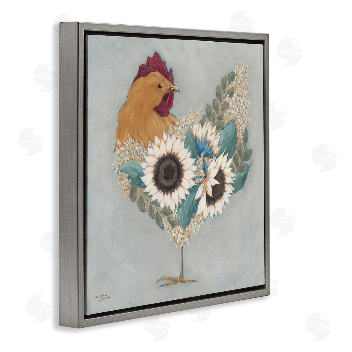Rooster with Layered Floral Blossoms Grey Floating Frame Canvas Wall Art, Home Decor by Michele Norman