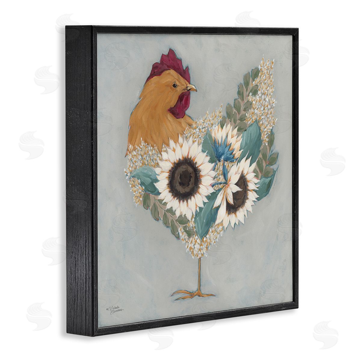 Rooster with Layered Floral Blossoms Black Frame Print Wall Art, Home Decor by Michele Norman
