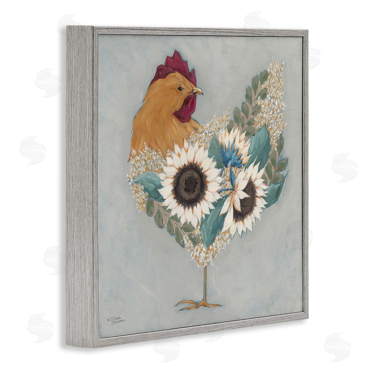 Rooster with Layered Floral Blossoms Grey Frame Print Wall Art, Home Decor by Michele Norman