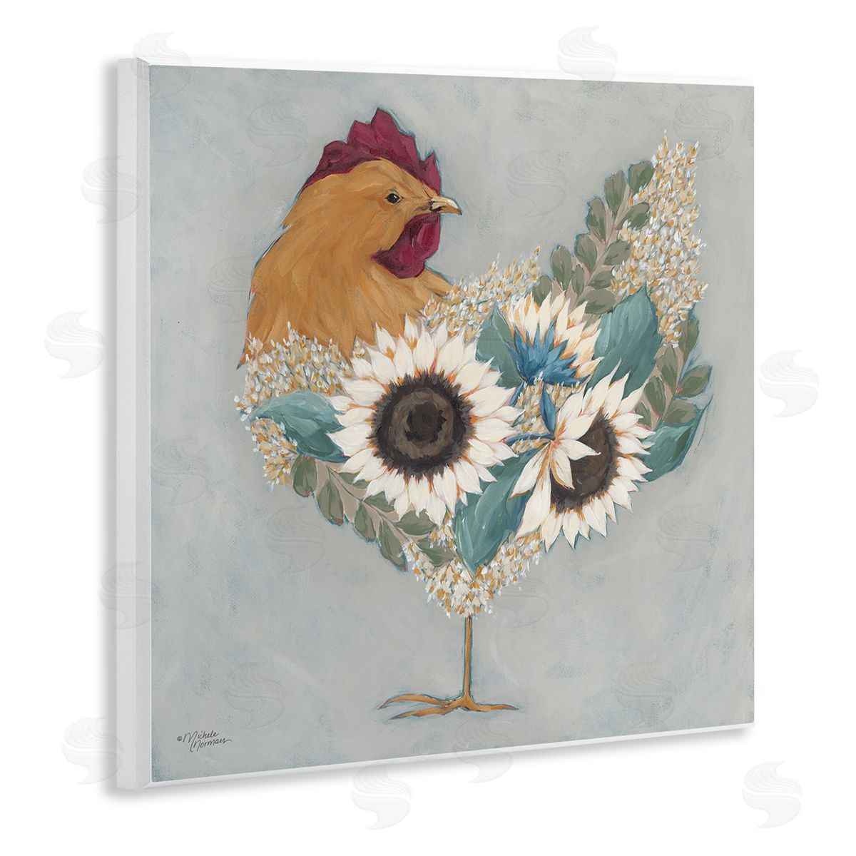 Rooster with Layered Floral Blossoms Wood Plaque Wall Art, Home Decor by Michele Norman