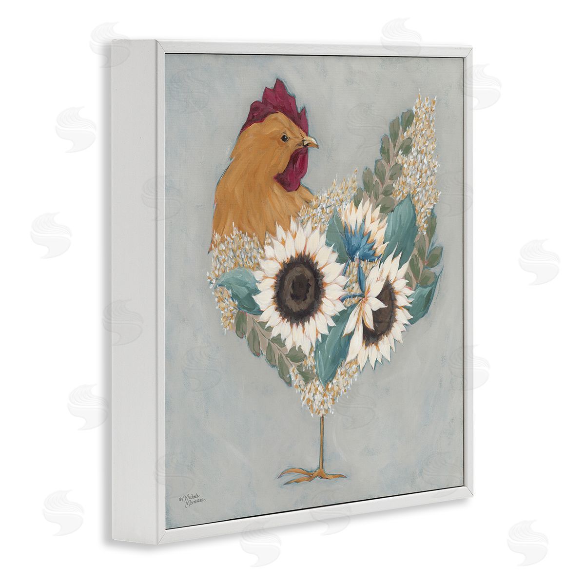 Rooster with Layered Floral Blossoms White Frame Print Wall Art, Home Decor by Michele Norman
