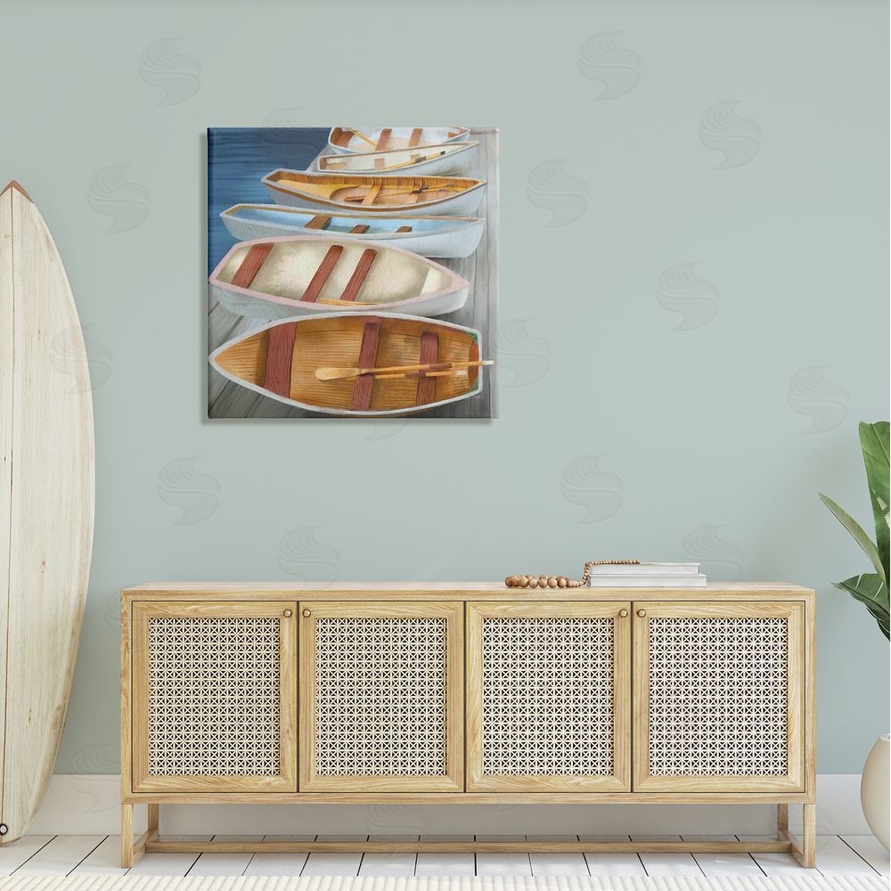Elizabeth Medley Rowboats Along Lake Dock Canvas Wall Art in Room