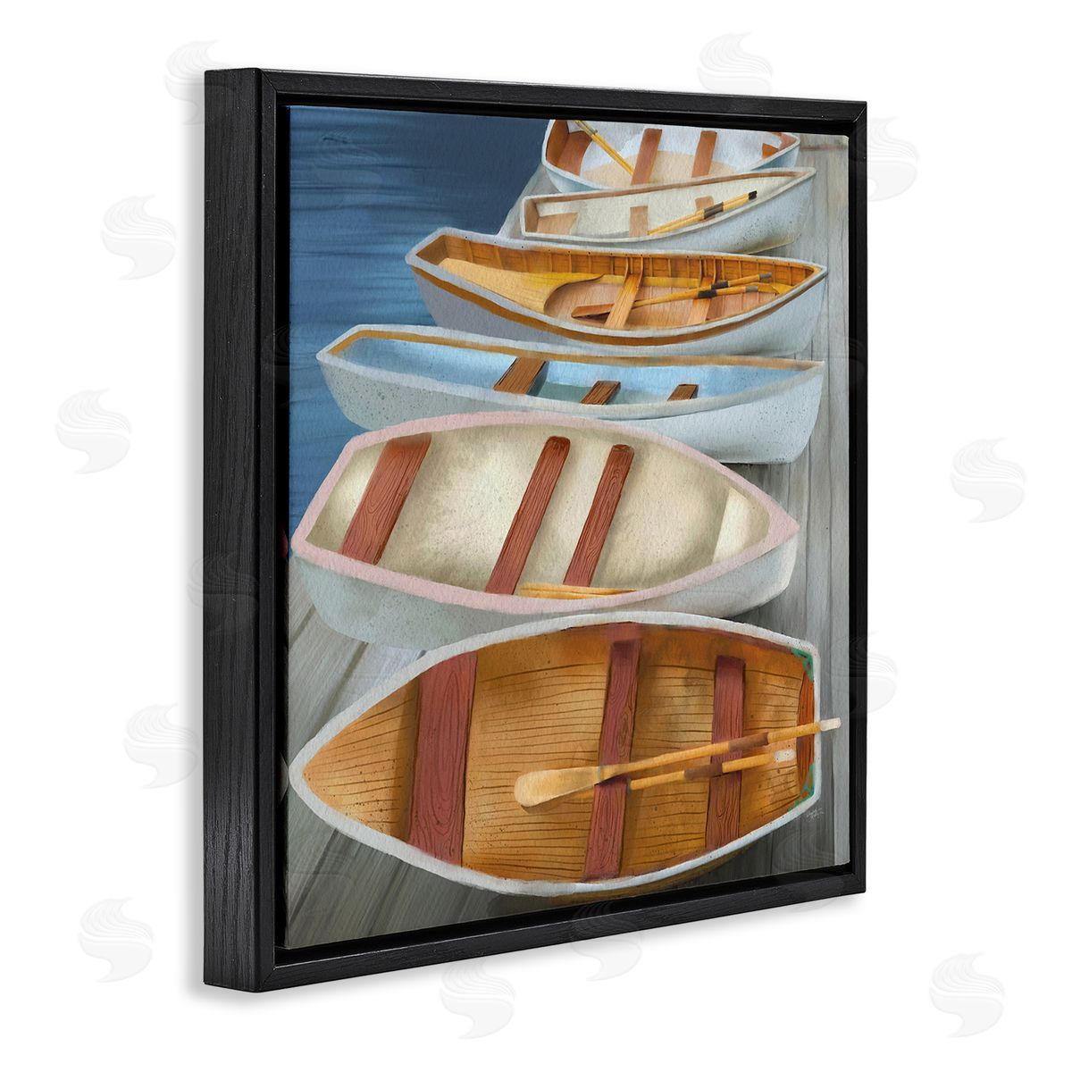 Elizabeth Medley Rowboats Along Lake Dock Black Floating Frame Canvas Wall Art Print