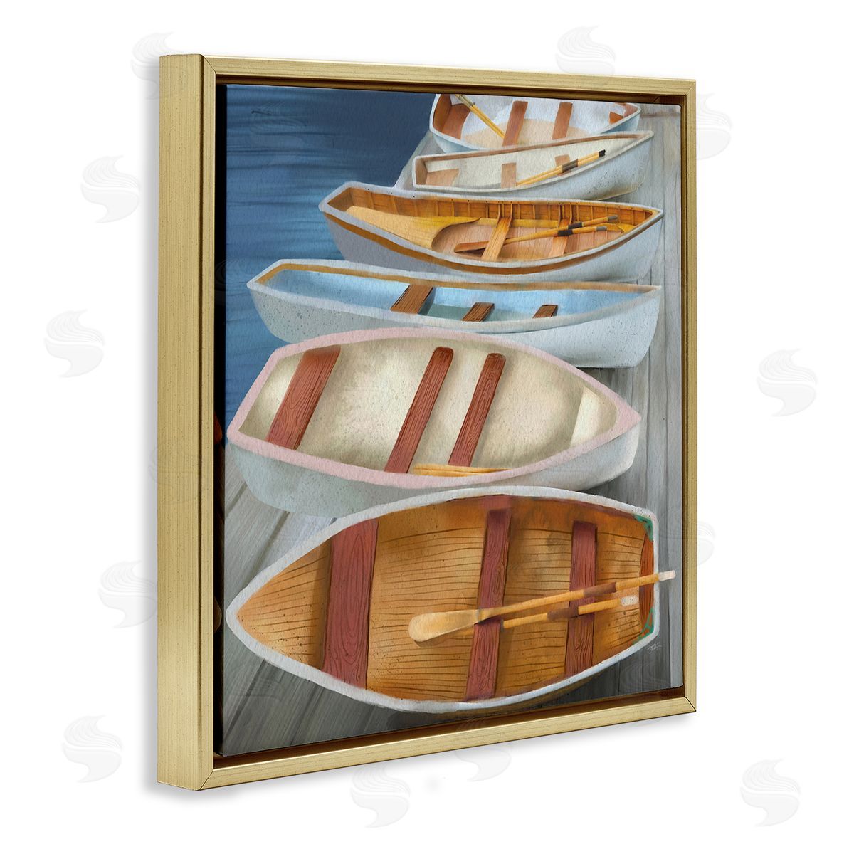 Elizabeth Medley Rowboats Along Lake Dock Gold Floating Frame Canvas Wall Art Print