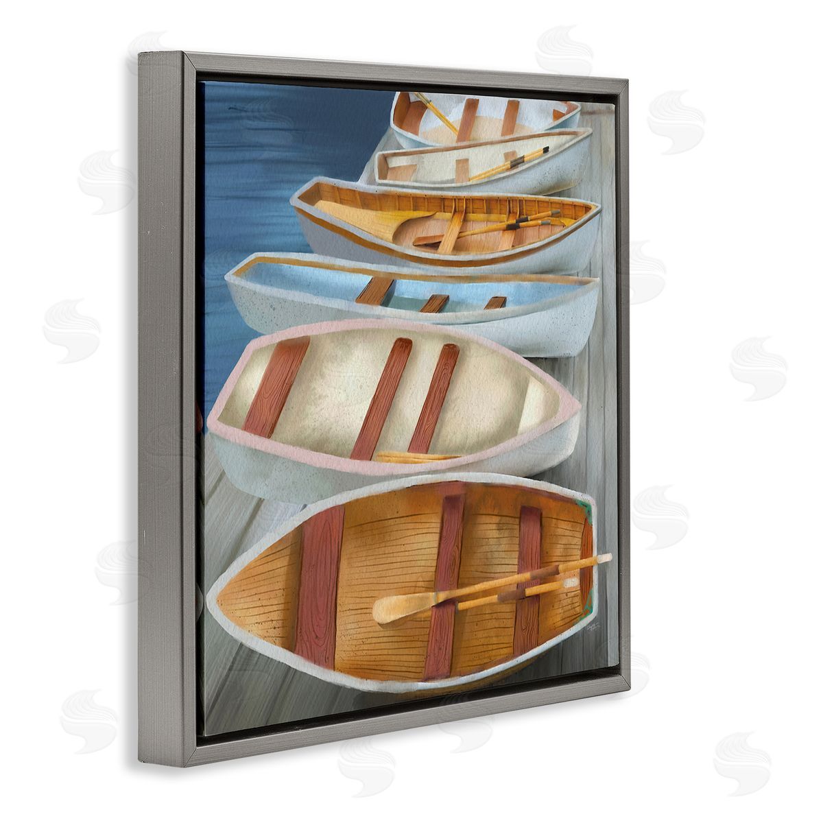 Elizabeth Medley Rowboats Along Lake Dock Gray Floating Frame Canvas Wall Art Print