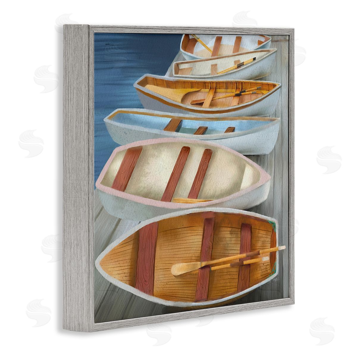 Elizabeth Medley Rowboats Along Lake Dock Gray Framed Glicee Wall Art Print