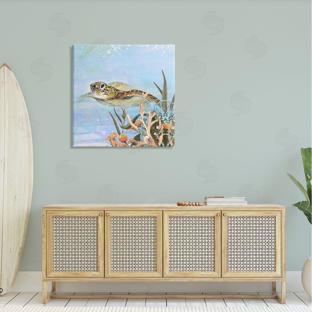 Diannart Underwater Sea Turtle Swimming Canvas Wall Art in Room
