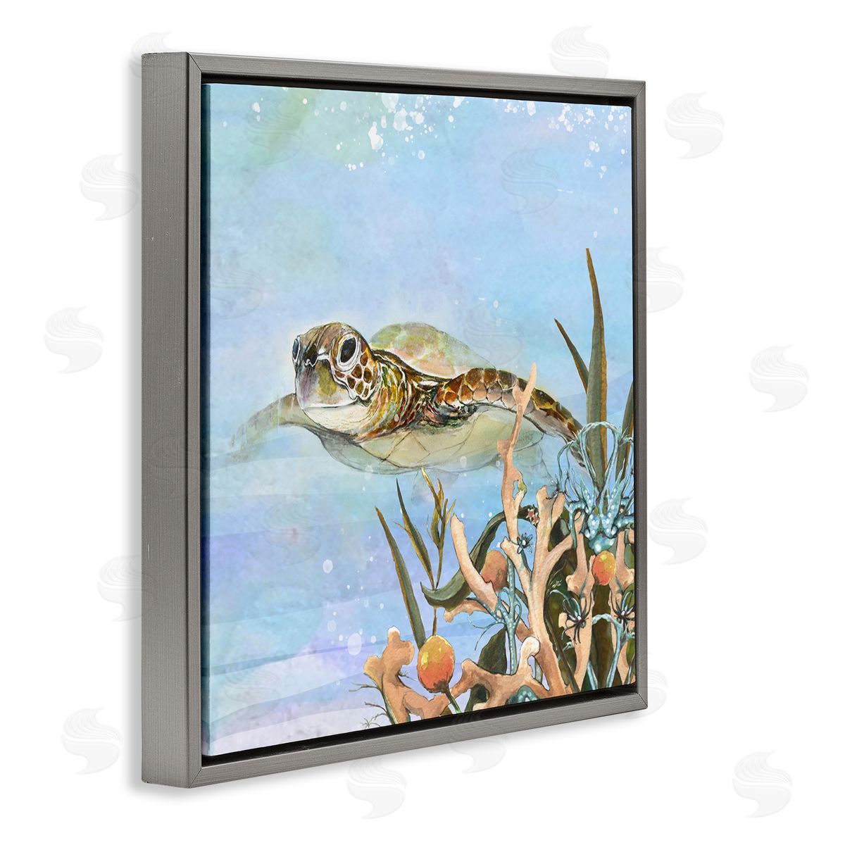 Diannart Underwater Sea Turtle Swimming Gray Floating Frame Canvas Wall Art Print