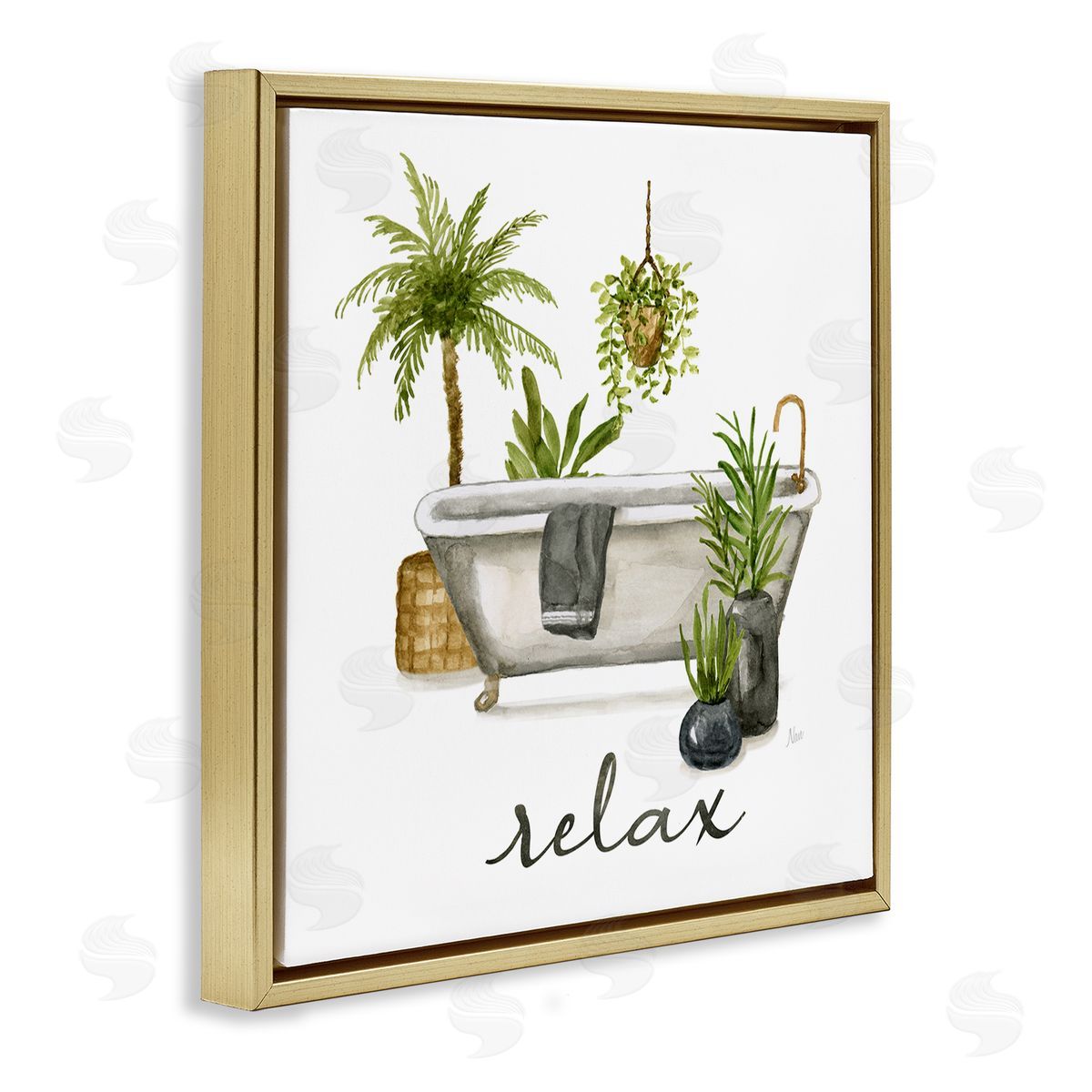 Nan Relax Tub Plants Arrangement Gold Floating Frame Canvas Wall Art Print