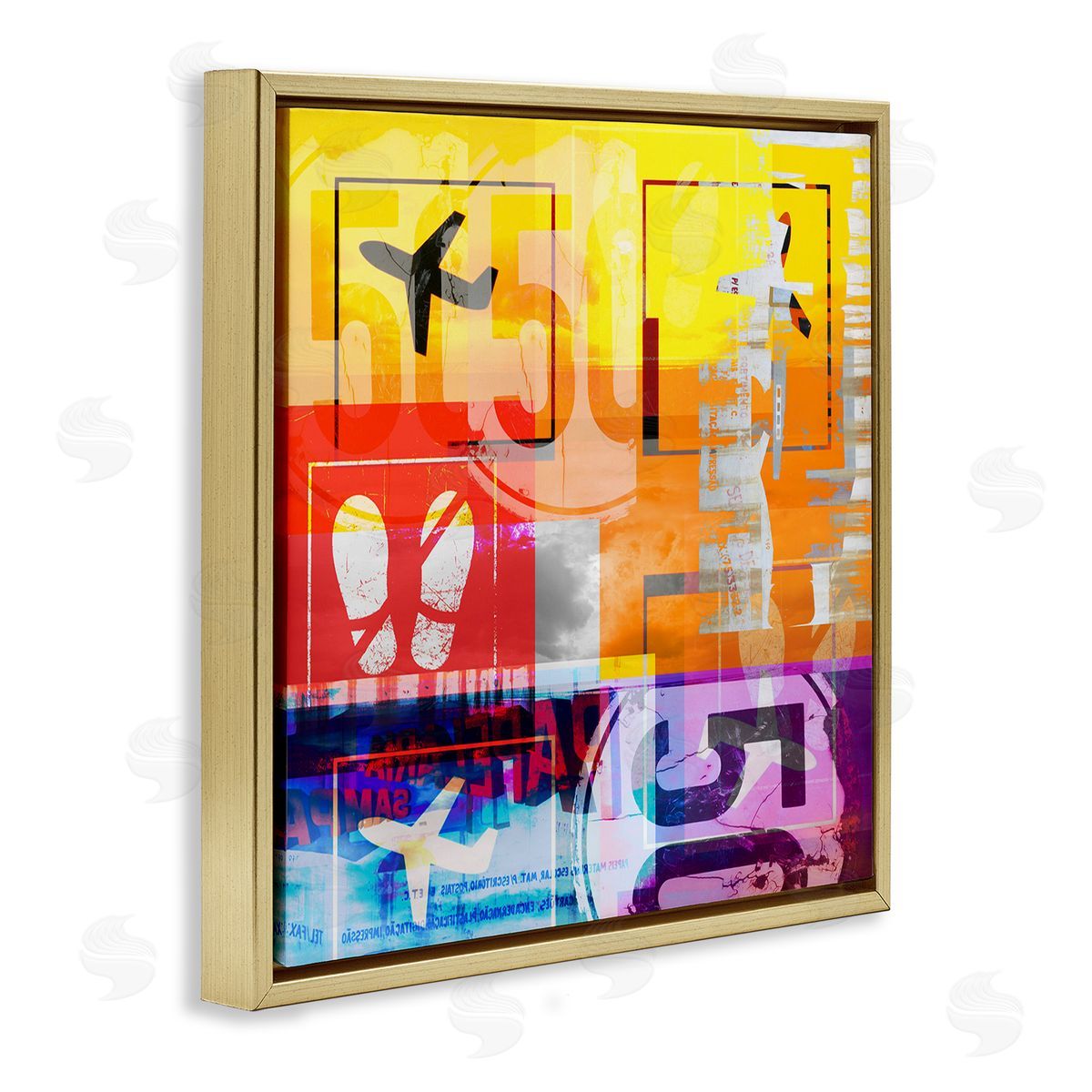 Bold Airplanes Typography Collage Gold Floating Frame Canvas Wall Art, Home Decor by Jan Weiss
