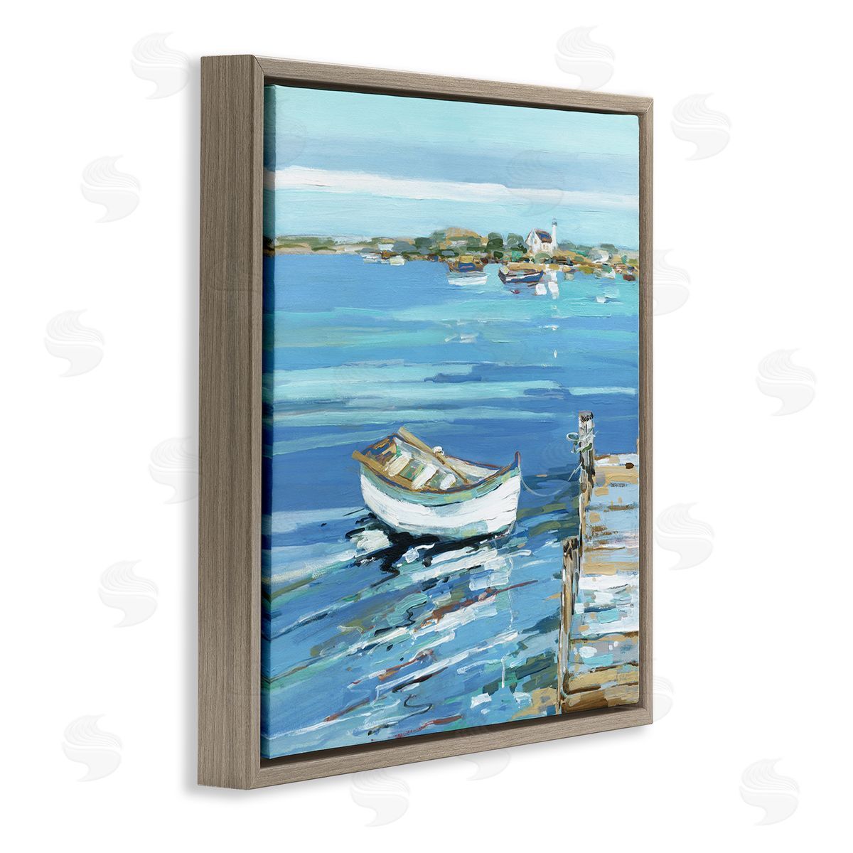 Sally Swatland Docked Dinghy Lake Scenery Brown Floating Frame Canvas Wall Art Print