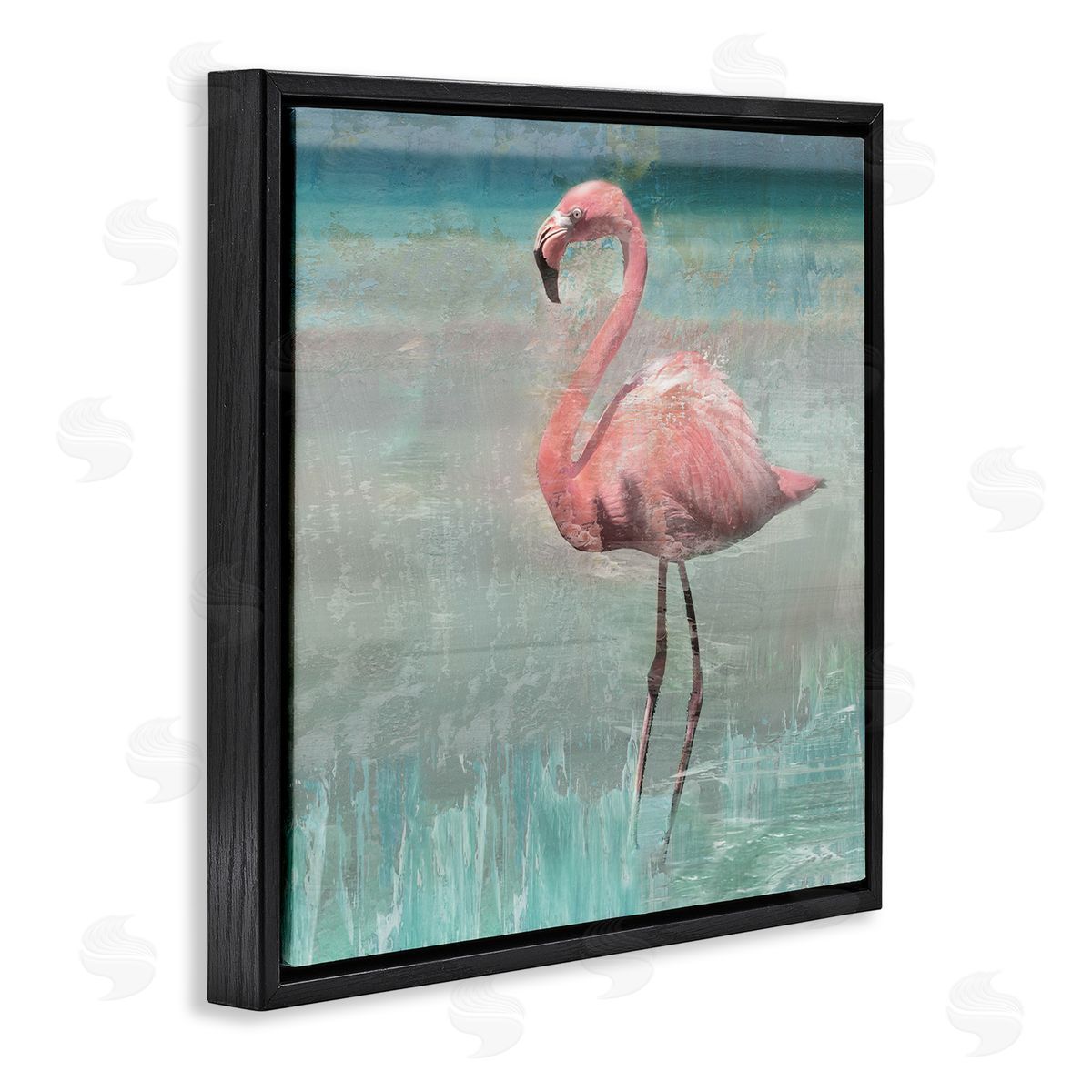 Nan Tropical Flamingo Standing Collage Black Floating Frame Canvas Wall Art Print
