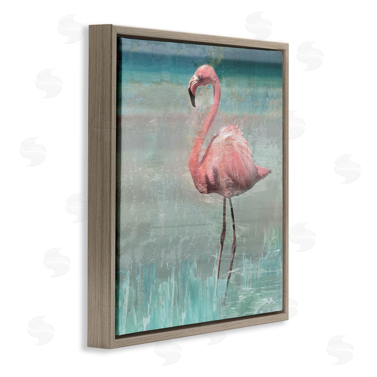 Nan Tropical Flamingo Standing Collage Brown Floating Frame Canvas Wall Art Print